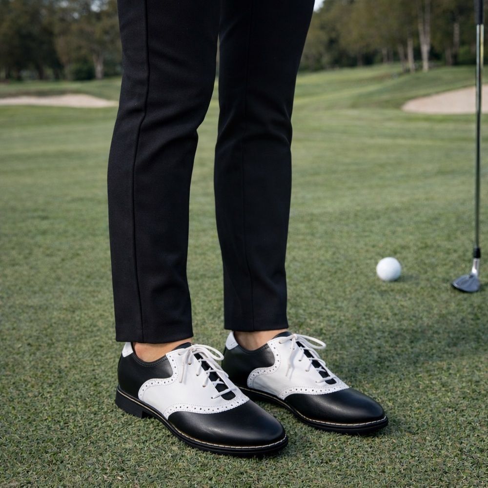 Cole Haan Grand OS Black & White Leather Saddle Golf Shoes